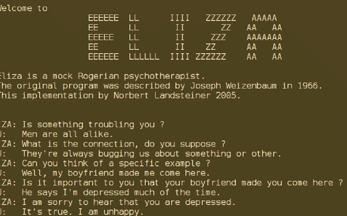 Terminal do ELIZA, o chatbot psicoterapeuta criado por Joseph Weizenbaum em 1966 — um dos primeiros programas a simular conversação humana